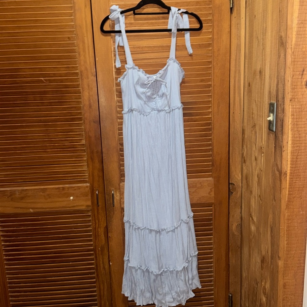She & sky maxi dress in blue with a ruffle trim and bow